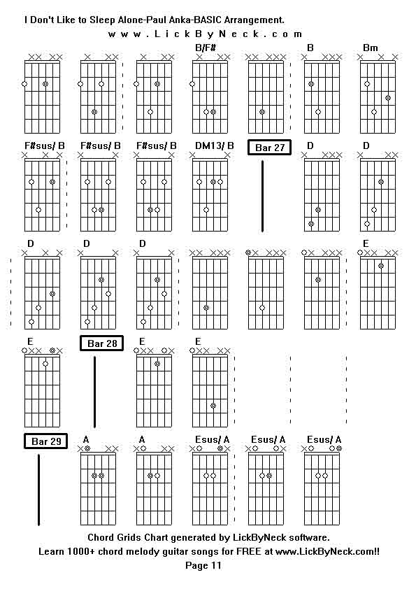 Chord Grids Chart of chord melody fingerstyle guitar song-I Don't Like to Sleep Alone-Paul Anka-BASIC Arrangement,generated by LickByNeck software.